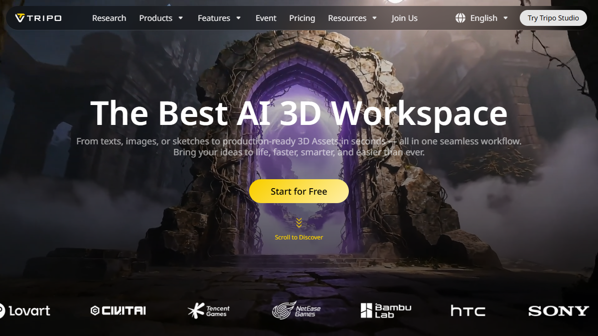 Screenshot oficiálního webu Tripo AI s propagací AI 3D workspace.