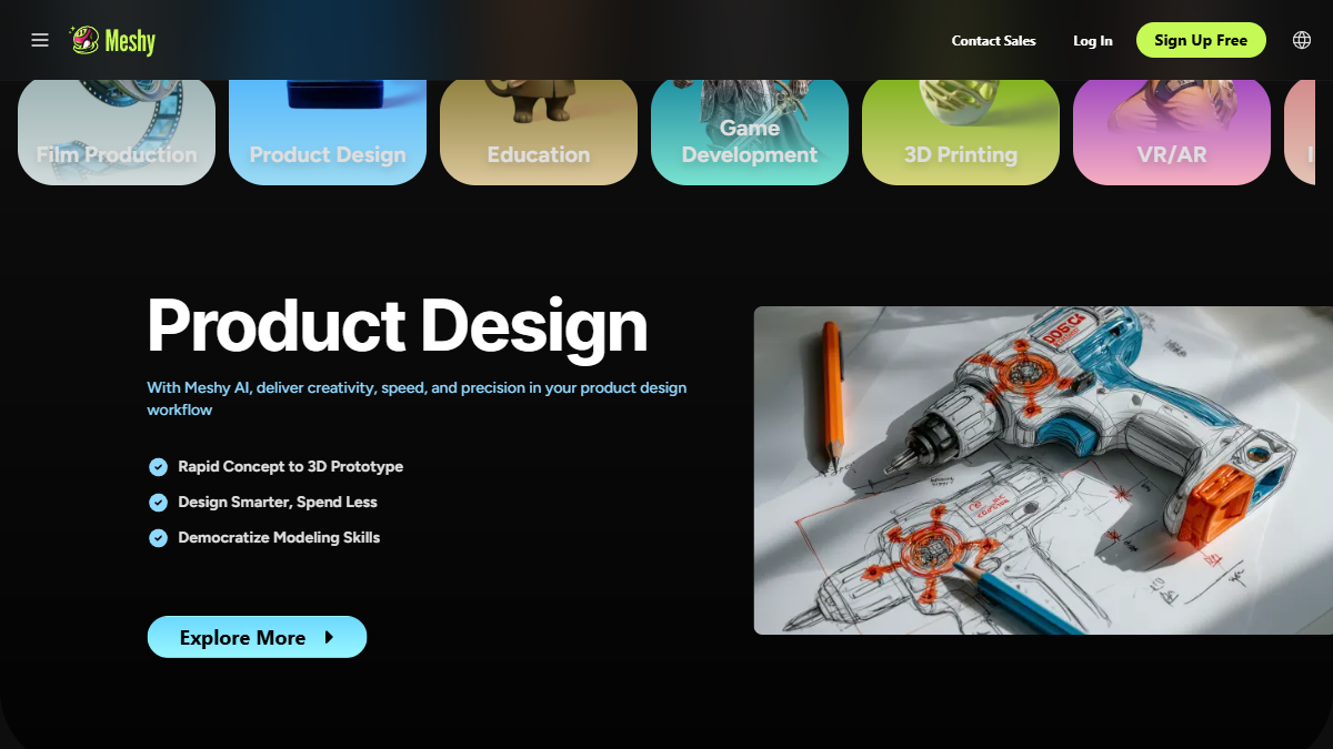 Screenshot produktové sekce Meshy AI zaměřené na Product Design s ukázkou 3D návrhu.