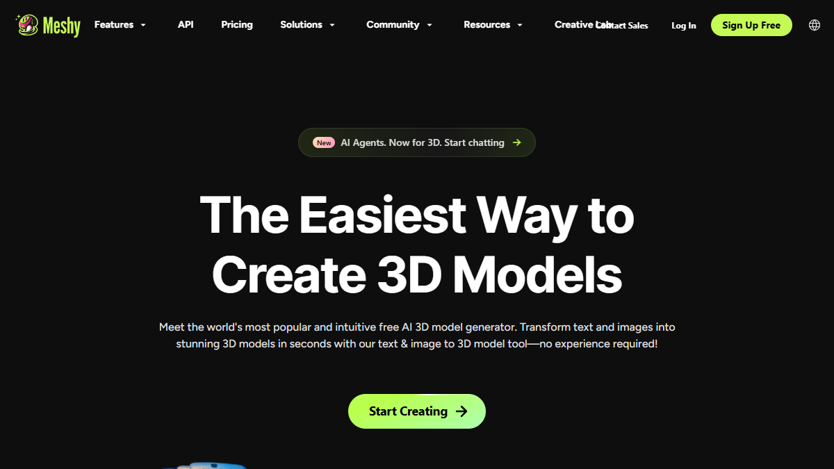Screenshot oficiálního webu Meshy AI s hlavní prezentací generování 3D modelů.