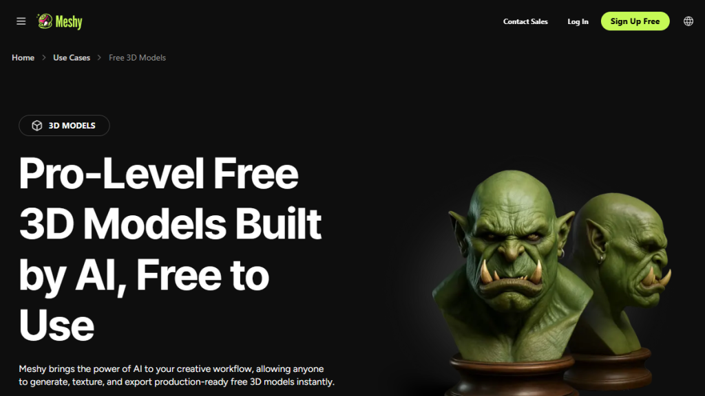 Screenshot stránky Meshy Free 3D Models s ukázkou bezplatných AI 3D modelů.