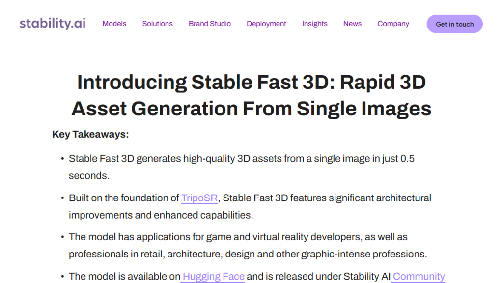 Screenshot oznámení Stability AI pro Stable Fast 3D s hlavními body modelu.