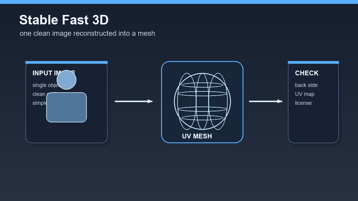Ilustrace Stable Fast 3D: jeden vstupní obrázek se mění na UV mesh a prochází kontrolou.