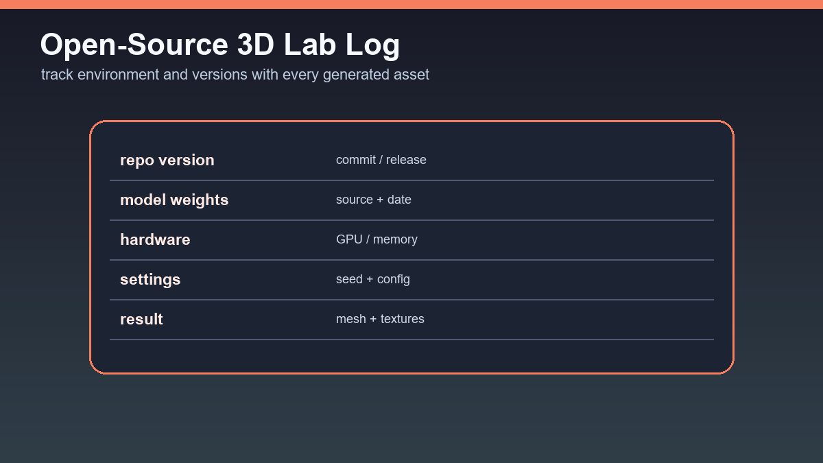 Tabulka open-source 3D lab logu: verze repozitáře, modelové váhy, hardware, nastavení a výsledek.