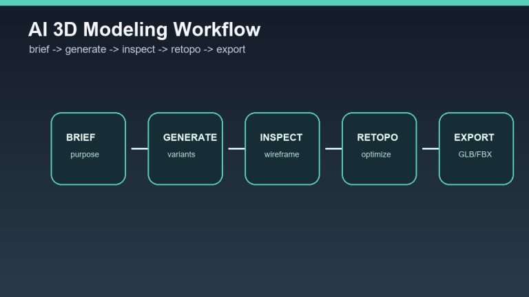 Schéma AI 3D modeling workflow: brief, generování, kontrola, retopologie a export.