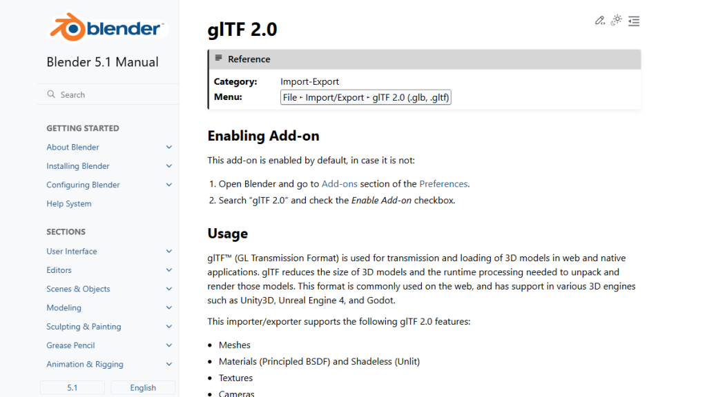 Screenshot dokumentace Blenderu pro glTF 2.0 import a export.