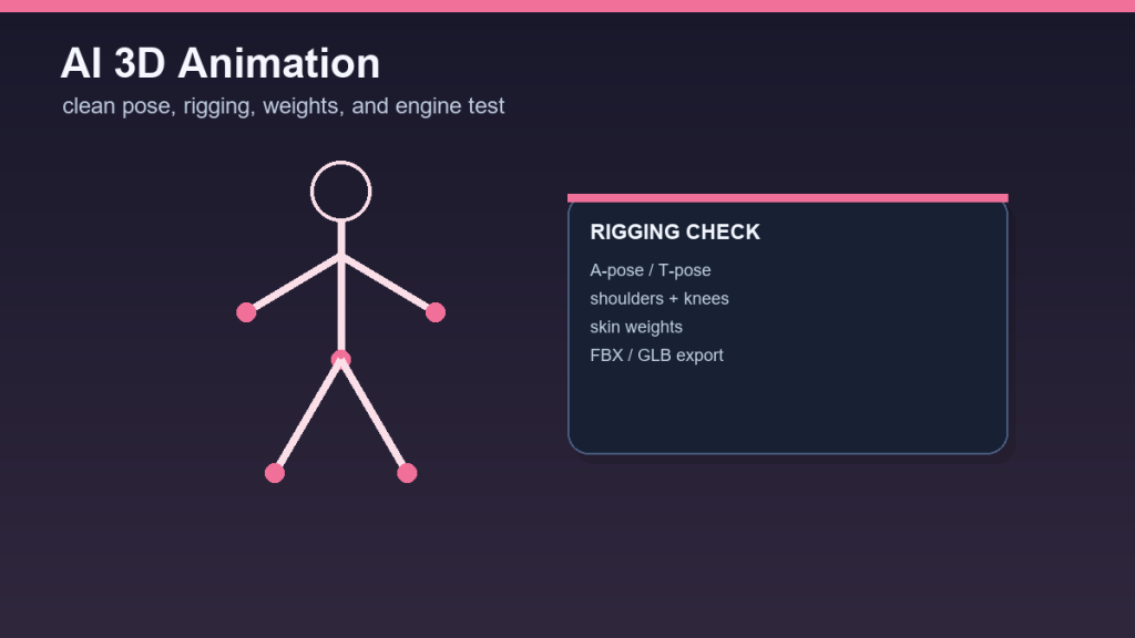 Ilustrace AI 3D animace: kostra, rigging checklist, váhy a export FBX nebo GLB.