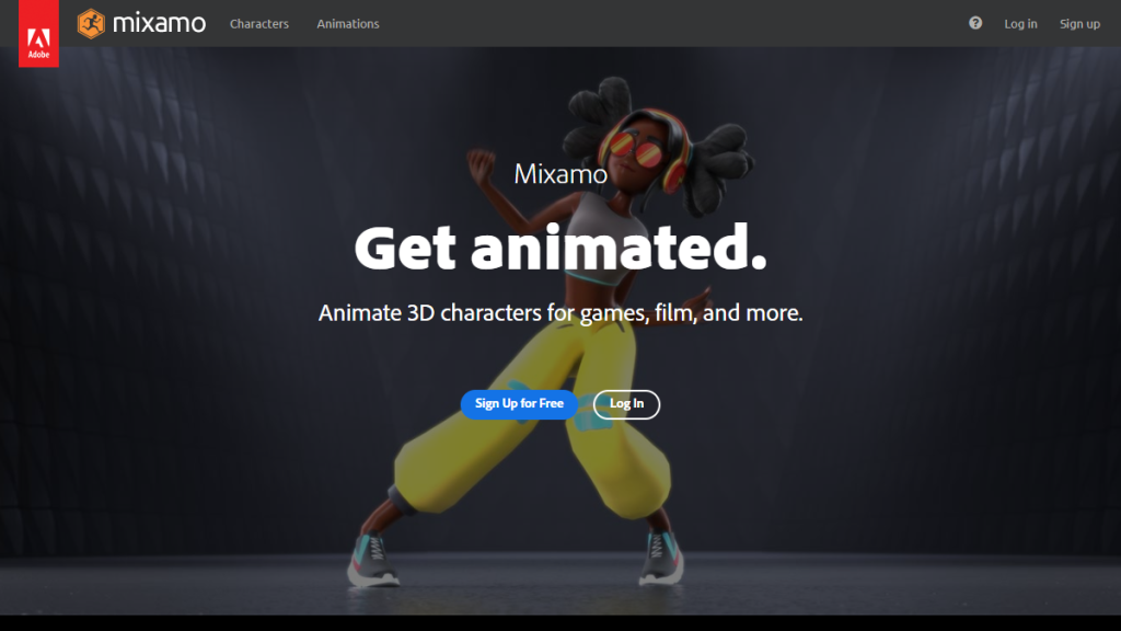 Screenshot webu Mixamo s prezentací animování 3D postav.