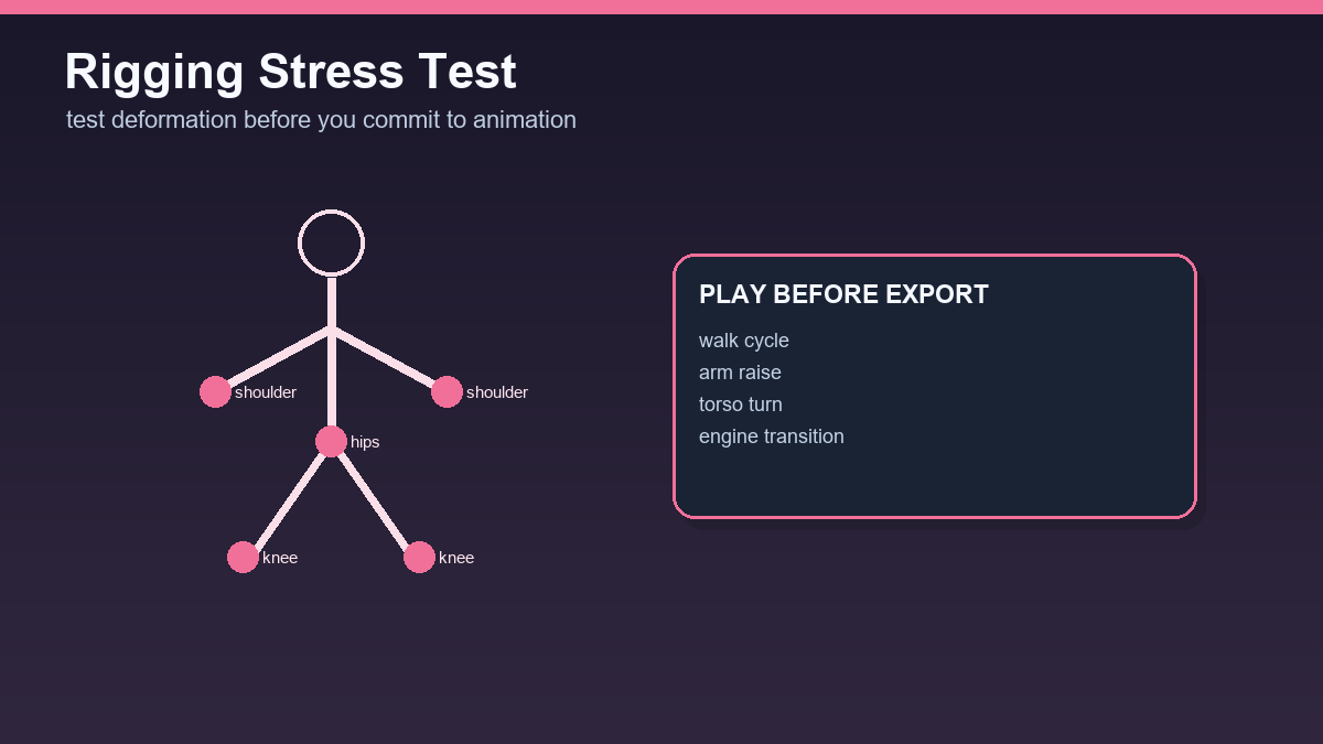 Schéma rigging stress testu: kontrolní body ramen, boků a kolen před exportem animace.