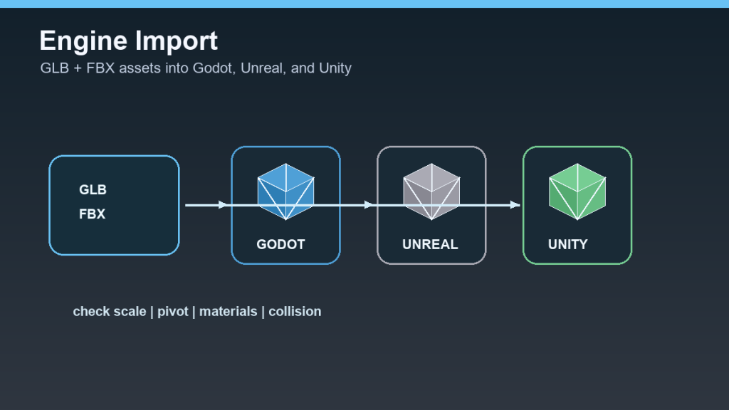 Schéma importu AI 3D modelů: GLB a FBX do Godotu, Unreal Engine a Unity.