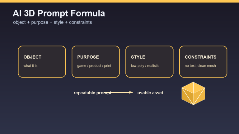 Schéma promptu pro AI 3D modely: objekt, účel, styl a omezení vedou k použitelnému assetu.