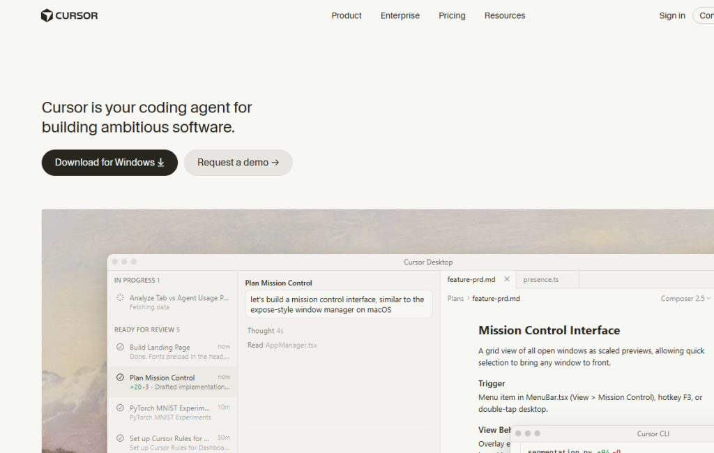 Screenshot oficiálního zdroje k tématu Cursor AI coding agent review