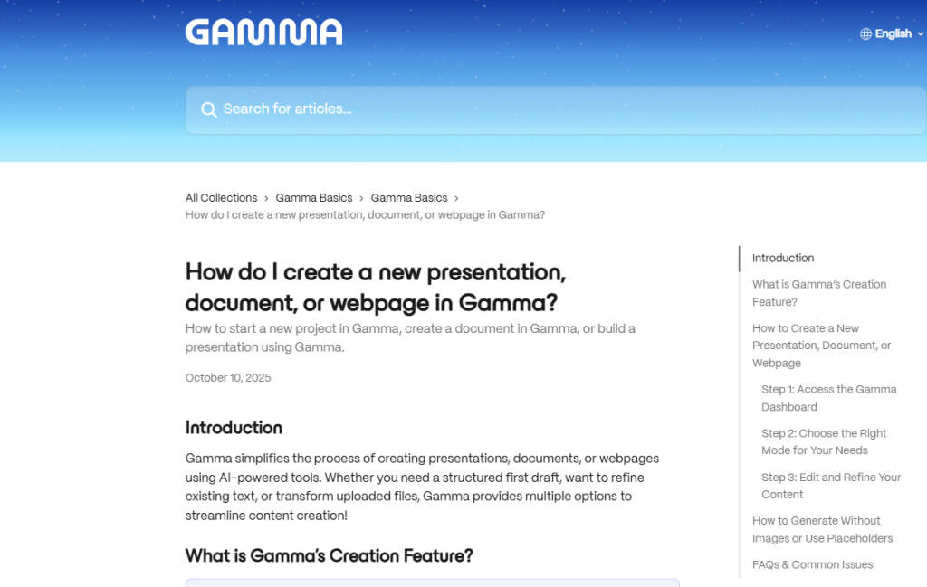Screenshot oficiálního zdroje k tématu Gamma AI presentation workflow review