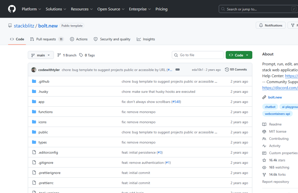 Screenshot oficiálního repozitáře StackBlitz bolt.new na GitHubu